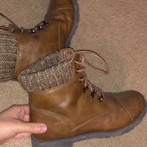 Tan knit combat boots